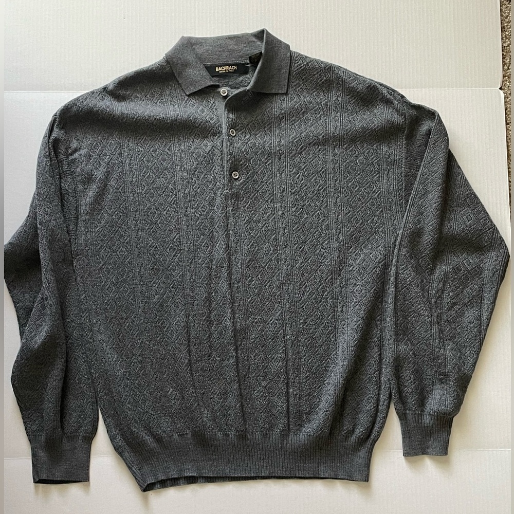 Bachrach Wool Sweater 100% Merino Button Collared Pull Over Gray Men's Large
